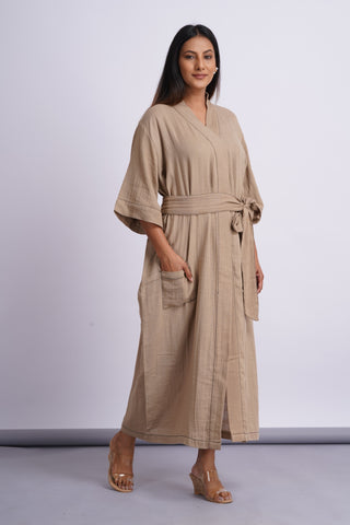 Gauze Cotton Day Robe- Beige