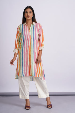 Rainbow Cotton Silk Kurta Set- Ivory