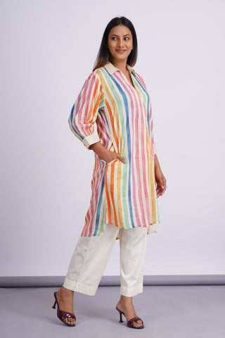 Rainbow Cotton Silk Kurta Set- Ivory