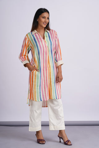 Rainbow Cotton Silk Kurta Set- Ivory