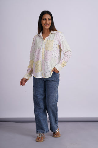 Rose Patch Schiffli V neck Shirt