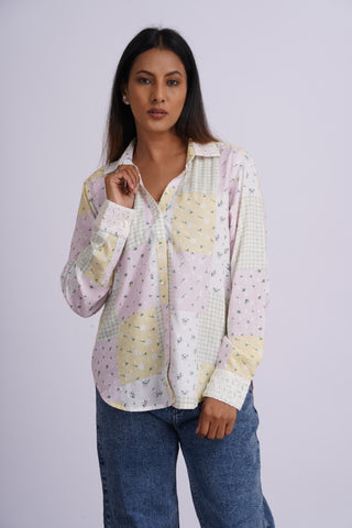 Rose Patch Schiffli V neck Shirt