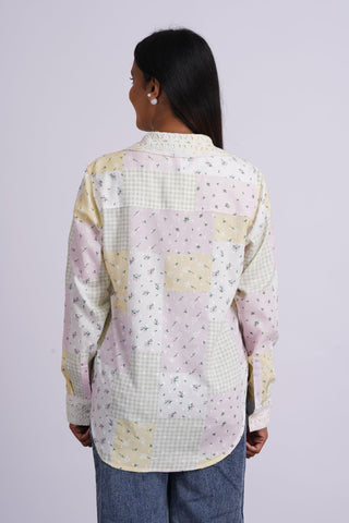 Rose Patch Schiffli V neck Shirt