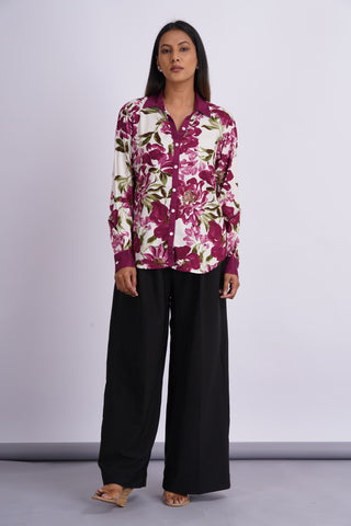 Garden V neck Cotton Silk Shirt- Wine