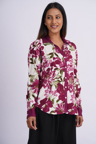 Garden V neck Cotton Silk Shirt- Wine