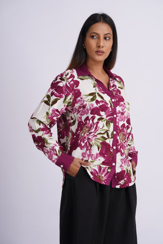 Garden V neck Cotton Silk Shirt- Wine