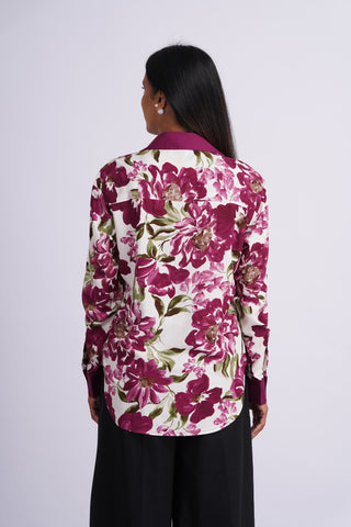 Garden V neck Cotton Silk Shirt- Wine