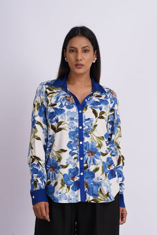 Garden V neck Cotton Silk  Shirt- Blue