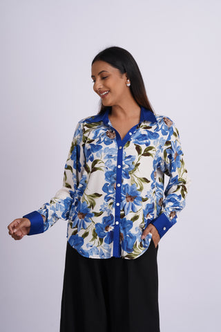 Garden V neck Cotton Silk  Shirt- Blue