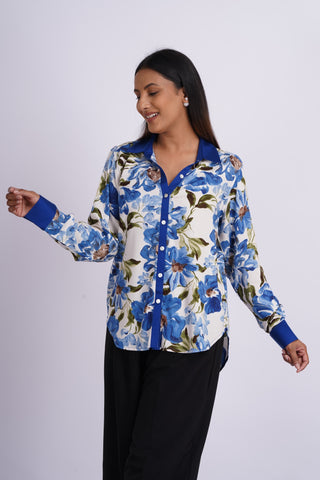 Garden V neck Cotton Silk  Shirt- Blue