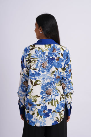 Garden V neck Cotton Silk  Shirt- Blue