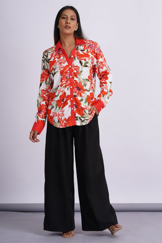 Garden V neck Cotton Silk  Shirt- Crimson