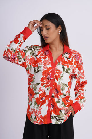 Garden V neck Cotton Silk  Shirt- Crimson