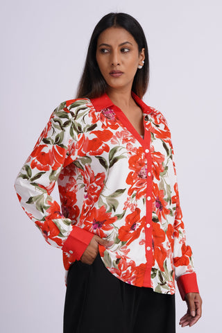 Garden V neck Cotton Silk  Shirt- Crimson