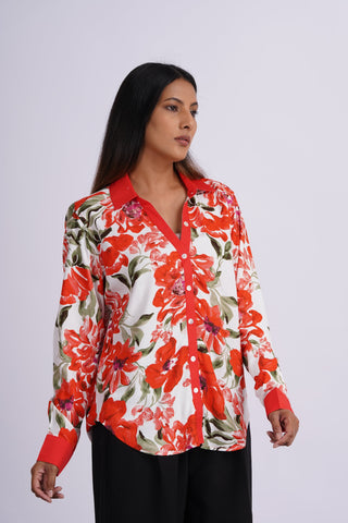 Garden V neck Cotton Silk  Shirt- Crimson