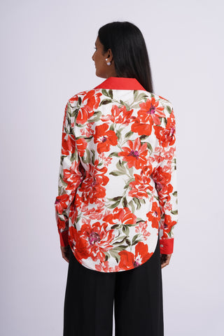 Garden V neck Cotton Silk  Shirt- Crimson