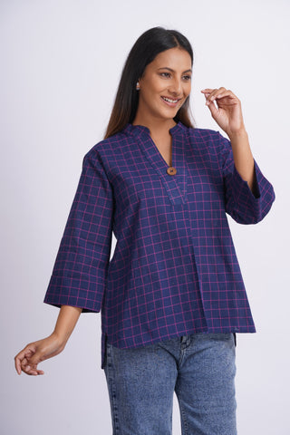 Handloom Check Top- Navy Blue