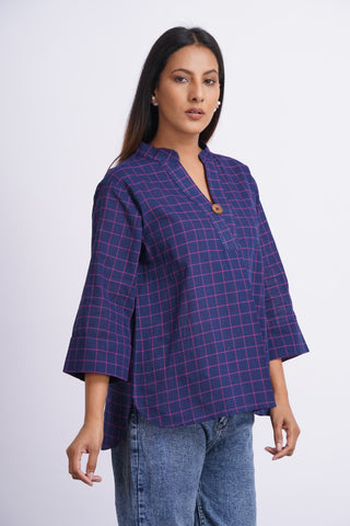 Handloom Check Top- Navy Blue