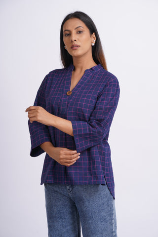 Handloom Check Top- Navy Blue