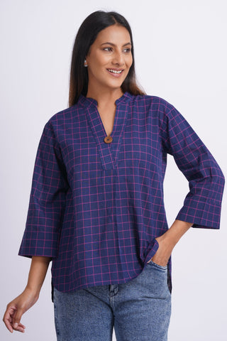 Handloom Check Top- Navy Blue