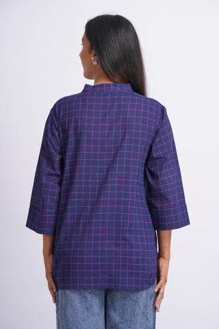 Handloom Check Top- Navy Blue
