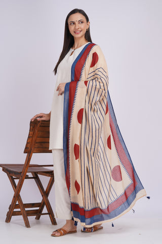 Mulmul Block Print Dupatta- Ivory Stripes
