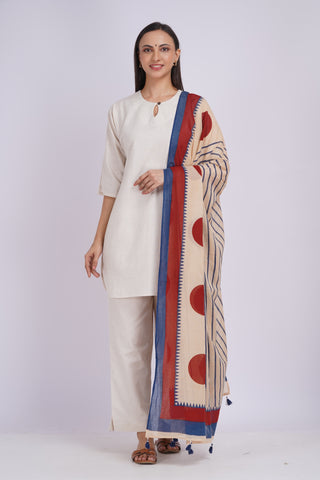 Mulmul Block Print Dupatta- Ivory Stripes