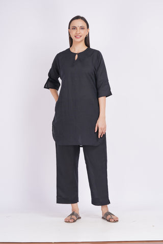 Black Linen Blend Solid Set