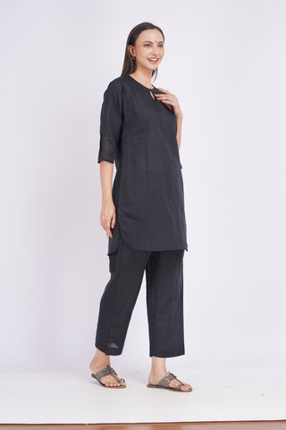 Black Linen Blend Solid Set