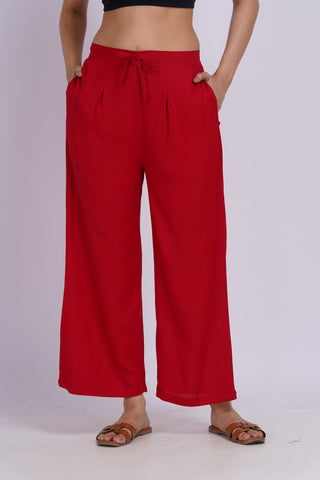 Cotton Blend Palazzo Pants- Red