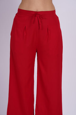 Cotton Blend Palazzo Pants- Red