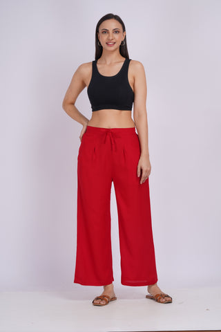 Cotton Blend Palazzo Pants- Red