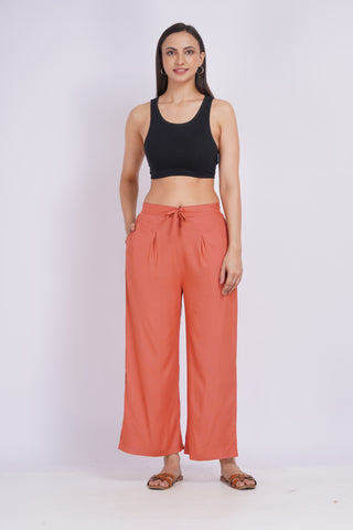 Cotton Blend Palazzo Pants- Rust