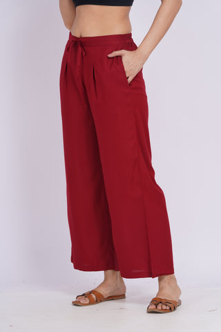Cotton Blend Palazzo Pants- Maroon