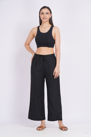Cotton Blend Palazzo Pants- Black