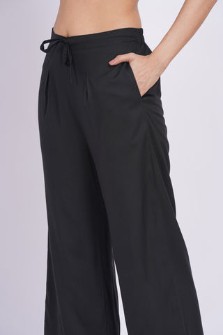 Cotton Blend Palazzo Pants- Black