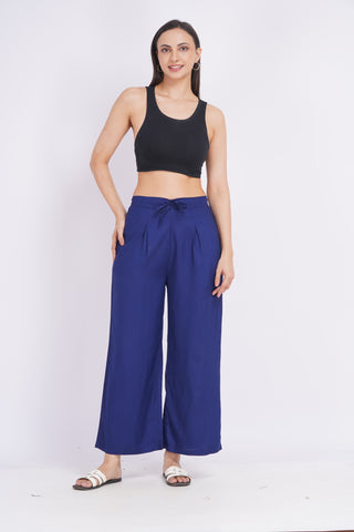 Cotton Blend Palazzo Pants- Navy Blue