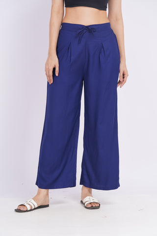 Cotton Blend Palazzo Pants- Navy Blue
