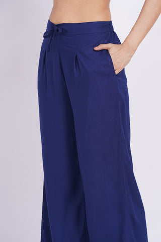 Cotton Blend Palazzo Pants- Navy Blue