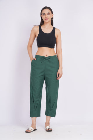 Linen Blend Cigarette Pants- Bottle Green