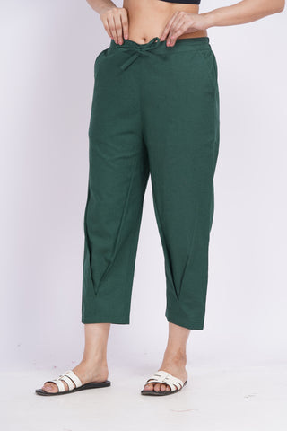 Linen Blend Cigarette Pants- Bottle Green