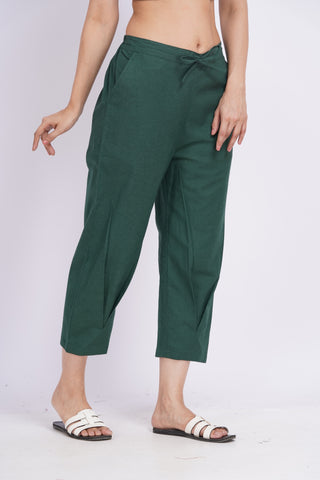 Linen Blend Cigarette Pants- Bottle Green
