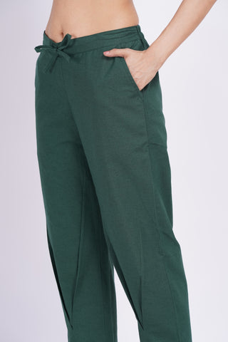 Linen Blend Cigarette Pants- Bottle Green