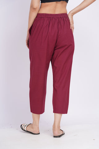 Linen Blend Cigarette Pants- Maroon