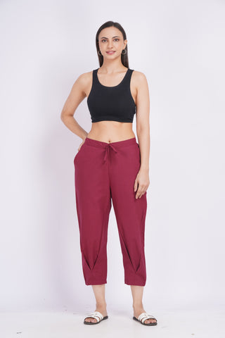 Linen Blend Cigarette Pants- Maroon