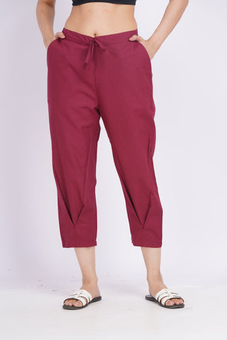 Linen Blend Cigarette Pants- Maroon