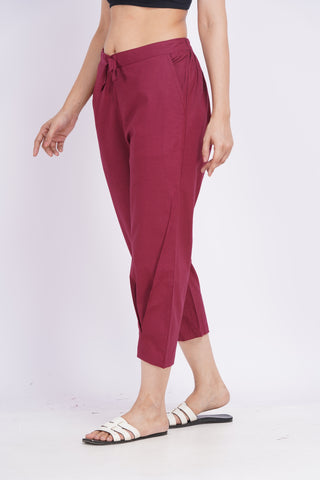 Linen Blend Cigarette Pants- Maroon