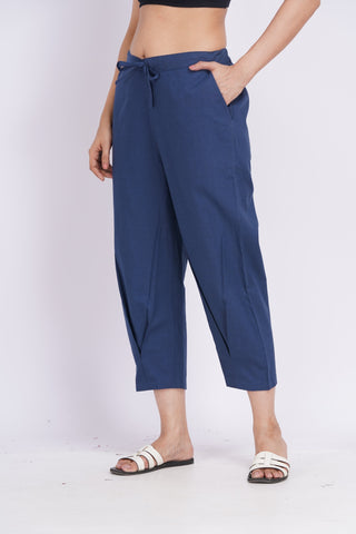 Linen Blend Cigarette Pants- Navy