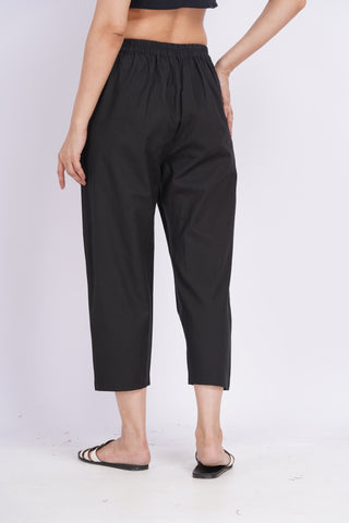 Linen Blend Cigarette Pants- Black
