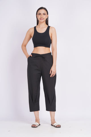 Linen Blend Cigarette Pants- Black